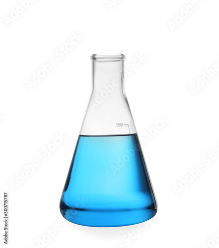 Conical flask with blue liquid on white background. Laboratory glassware