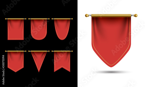 Red Pennant Template Vector. Empty 3D Pennant Blank. Realistic Illustration