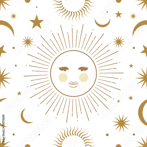 Moon, sun and stars, seamless ornamental pattern