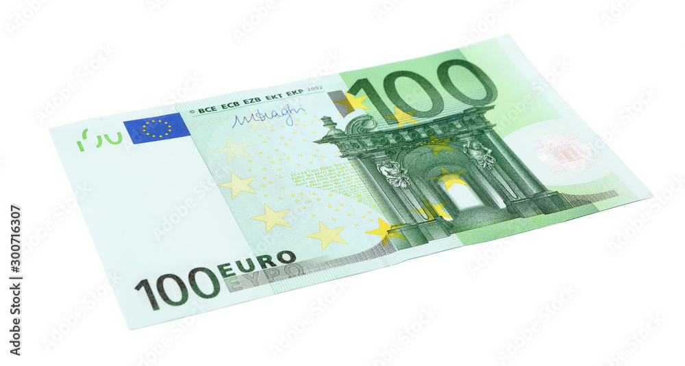 One hundred Euro banknote lying on white background One hundred Euro banknote lying on white background