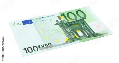 One hundred Euro banknote lying on white background