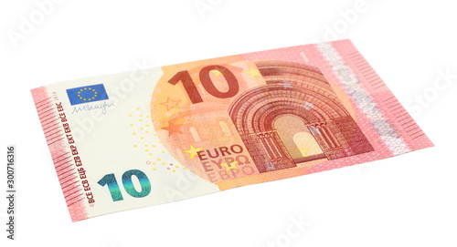 Ten Euro banknote lying on white background
