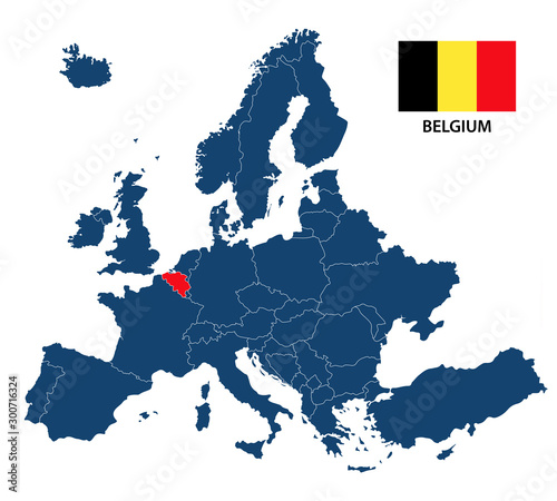 Simple illustration of a map of Europe with highlighted Belgium and Belgian flag isolated on a white background