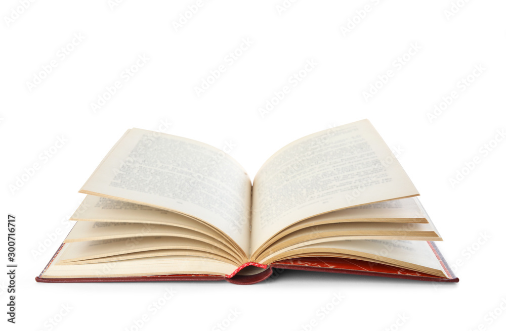Open hardcover old book on white background Open hardcover old book on white background