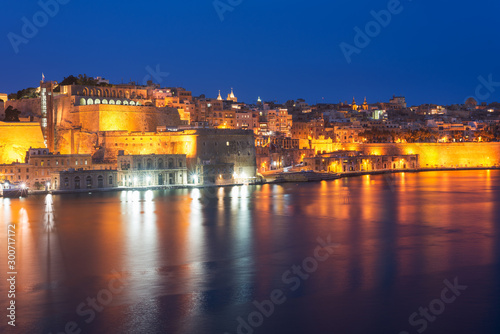 Night view to Valletta Waterfront and Upper Barrakka Gardens. Grand Harbour  Malta