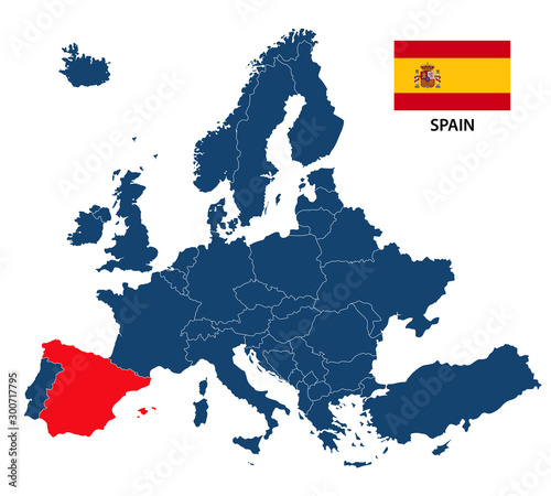 Simple illustration of a map of Europe with highlighted Spain and Spanish flag isolated on a white background