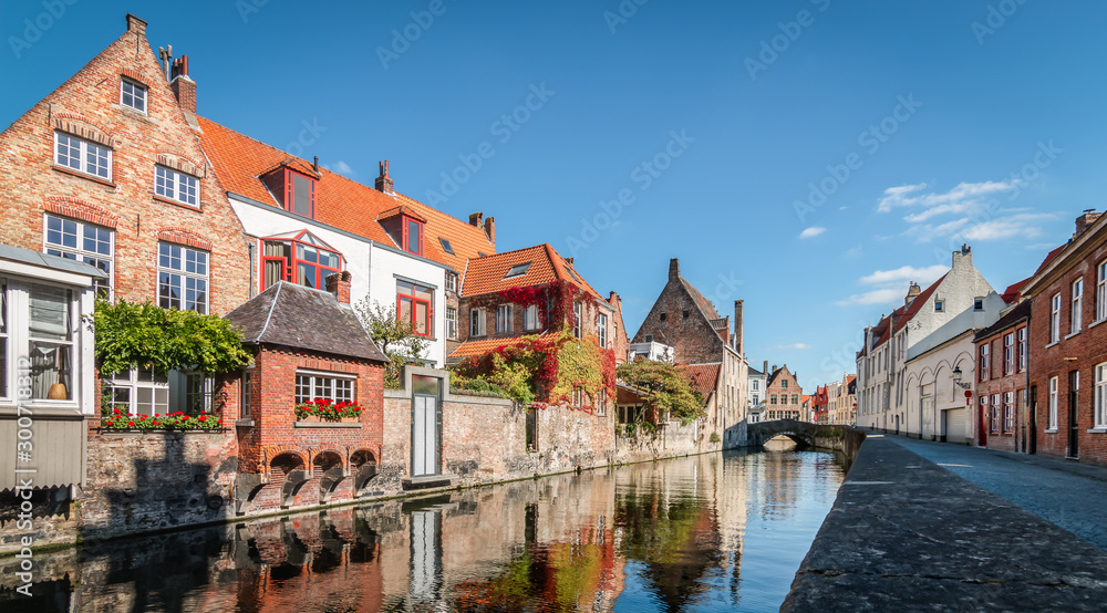 Panoramic view of canal in the city center of Bruges, Belgium