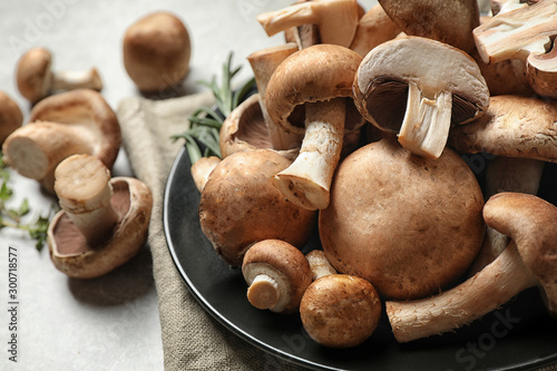 Fresh wild mushrooms on light grey table, closeup