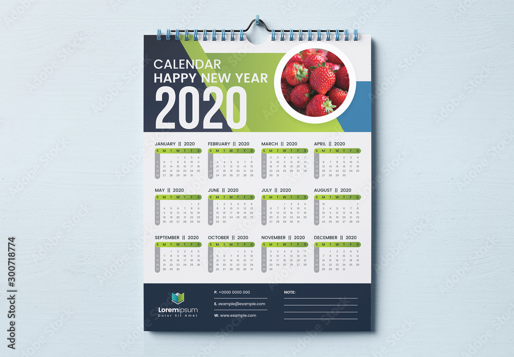 One Page Wall Calendar Layout with Blue and Green Geometric Elements ...