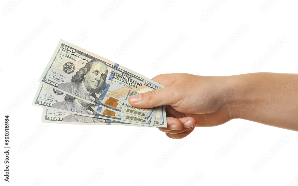 Man with American money on white background, closeup Man with American money on white background, closeup