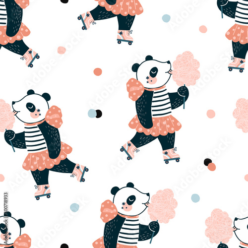 Seamless pattern with Funny happy little cartoon panda girl character in roller-skates dressed up in stripy top and pink skirt eat sweet cotton. Scandinavian style childish trendy print in vector.