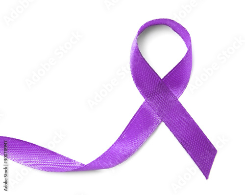 Purple ribbon on white background, top view. Domestic violence awareness