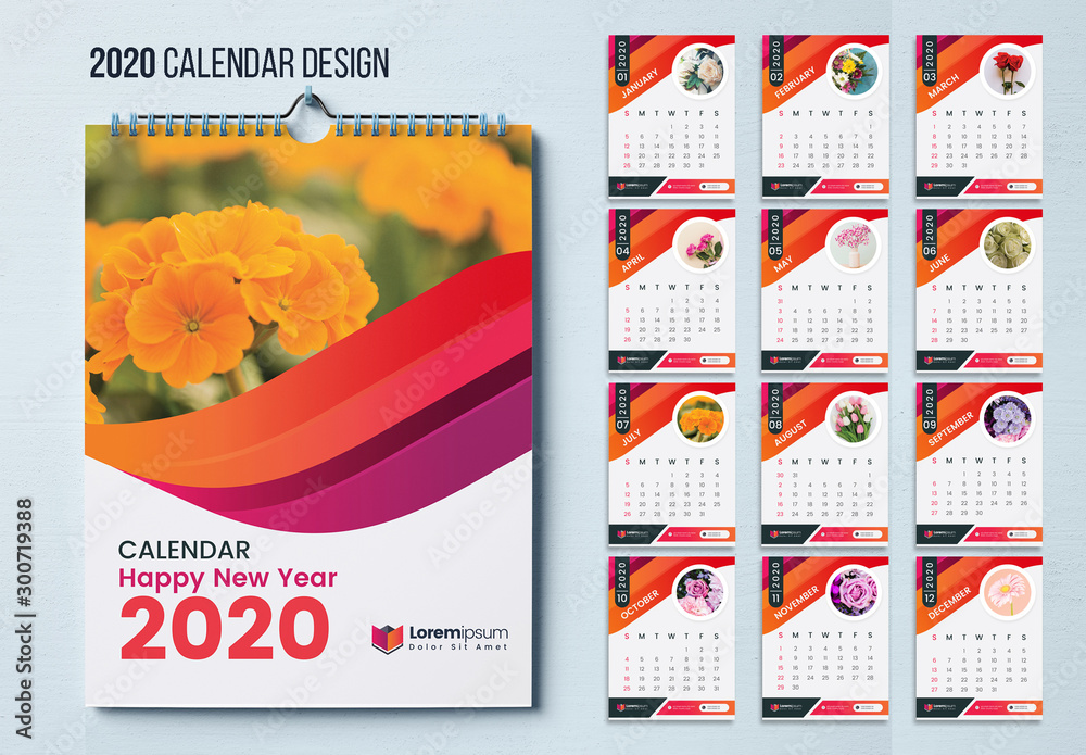 Wall Calendar Layout with Red and Orange Wave Design Stock Template ...