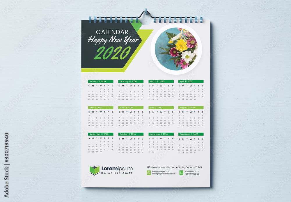 One Page Wall Calendar Layout with Green Geometric Elements Stock ...