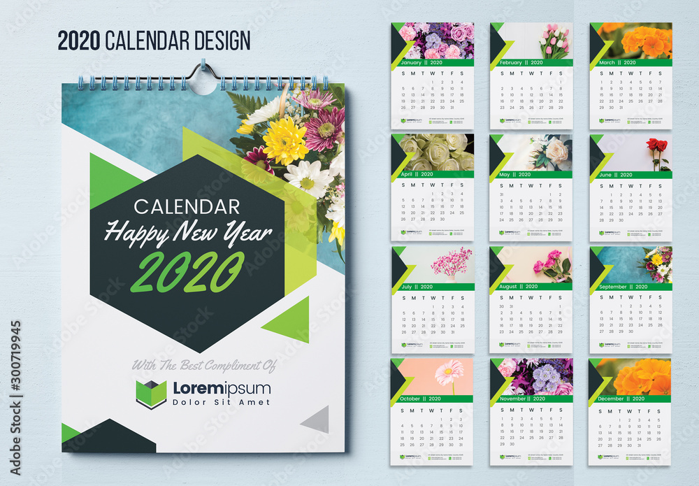 Wall calendar layout with green geometric elements stock template 