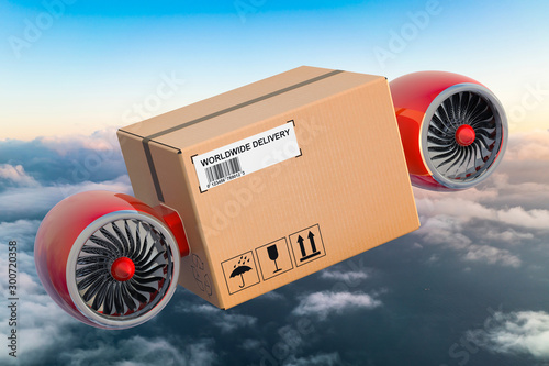 Parcel with jet engines flying in the sky. Fast Delivery concept, 3D rendering photo