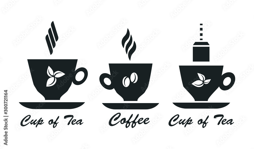Cup of tea and coffee icon set. Black and white isolated vector illustration. Cup of tea and coffee icon set. Black and white isolated vector illustration.