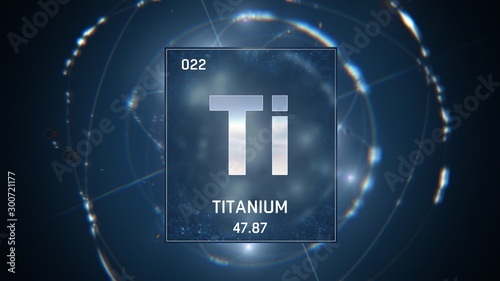 3D illustration of Titanium as Element 22 of the Periodic Table. Blue illuminated atom design background with orbiting electrons. Design shows name, atomic weight and element number photo