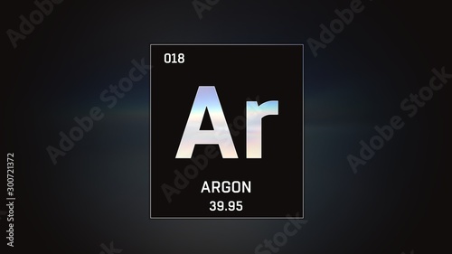 3D illustration of Argon as Element 18 of the Periodic Table. Grey illuminated atom design background with orbiting electrons. Design shows name, atomic weight and element number