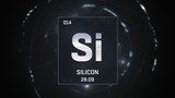 3D illustration of Silicon as Element 13 of the Periodic Table. Silver illuminated atom design background with orbiting electrons. Design shows name, atomic weight and element number