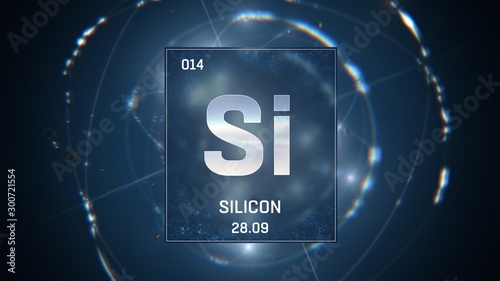 3D illustration of Silicon as Element 13 of the Periodic Table. Blue illuminated atom design background with orbiting electrons. Design shows name, atomic weight and element number