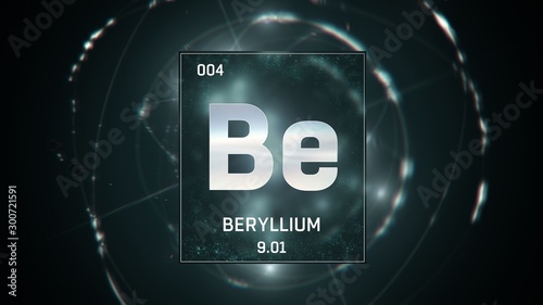 3D illustration of Beryllium as Element 4 of the Periodic Table. Green illuminated atom design background with orbiting electrons. Design shows name, atomic weight and element number
