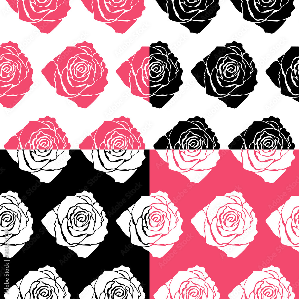 Vector set of beautiful floral monochrome patterns with rose silhouettes. Seamless textures in black, white and pink colors. Endless backgrounds. Botanical surface design.