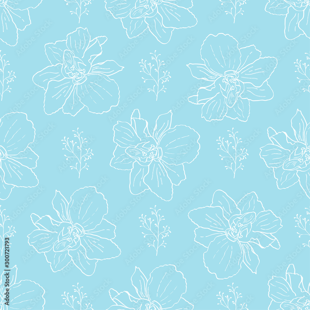 Blue pastel flower seamless pattern. Vector illustration of repeat floral background with white outlines flowers for cover, wallpaper, textile, print, wrapping paper, backdrop design Blue pastel flower seamless pattern. Vector illustration of repeat floral background with white outlines flowers for cover, wallpaper, textile, print, wrapping paper, backdrop design