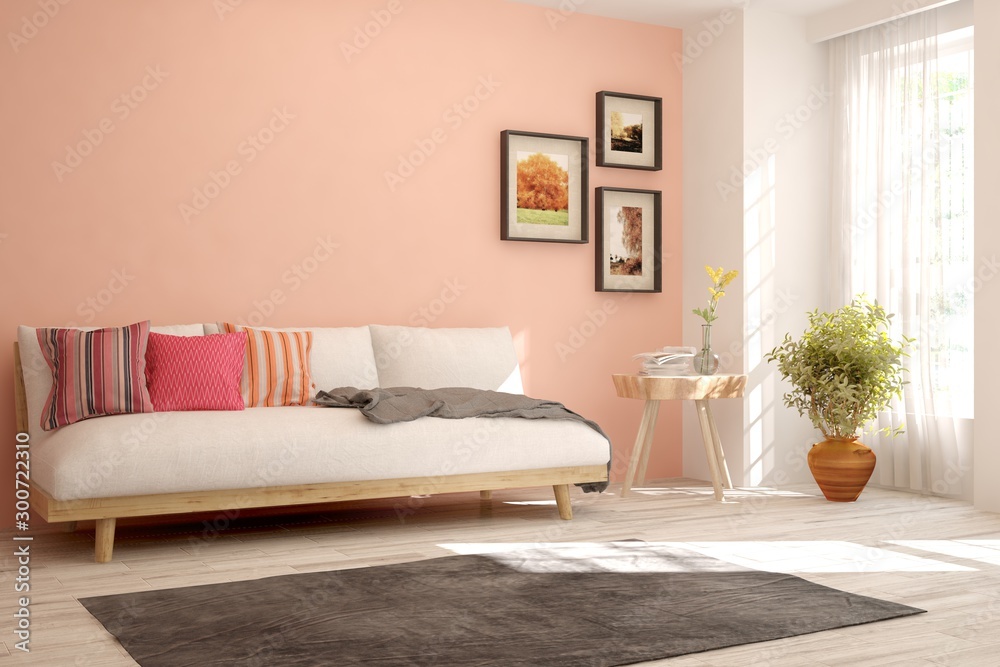 Stylish room in white color with sofa. Scandinavian interior design. 3D illustration - obrazy, fototapety, plakaty 