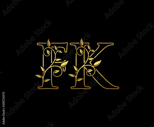 Golden letter F and K, FK vintage decorative ornament emblem badge, overlapping monogram logo, elegant luxury gold color on black background.