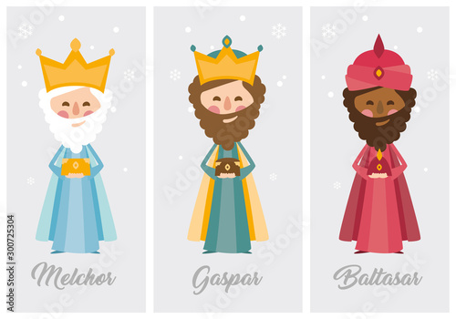 Tags of the three wise men, Melchior, Caspar and Balthazar written in Spanish
