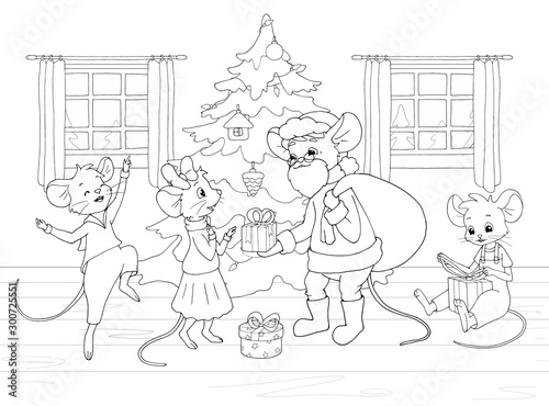 Cute cartoon mouses. Santa claus giving out presents for happy kids. Festive life scene in a living room decorated for Christmas.  Black and white vector illustrations for coloring book.