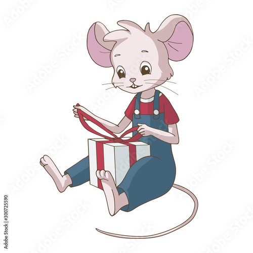 Cute cartoon mouse unpacking a gift box. Isolated object on white background. Decor element for for gift card and kids products (room, clothes, stationery).