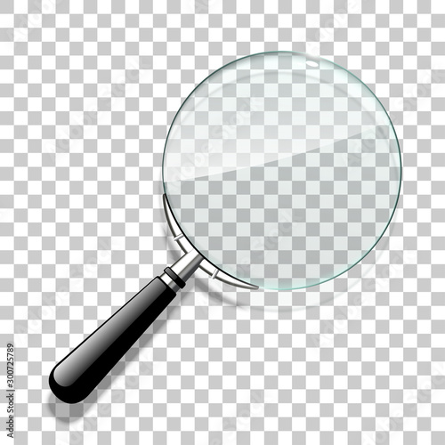 Innovative empty illustration 3d realistic loupe icon isolated on the Checkered backdrop. Creative banner illustration modern design magnifying glass logo for Zoom Tool with black handle with shadow