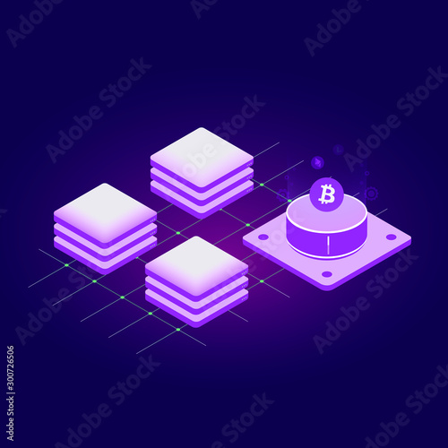 Blockchain technology vector icon in modern dark neon colors design, cryptocurrency mining farm concept or secure storage vector concept for slider, landing with isometric blocks chain illustration