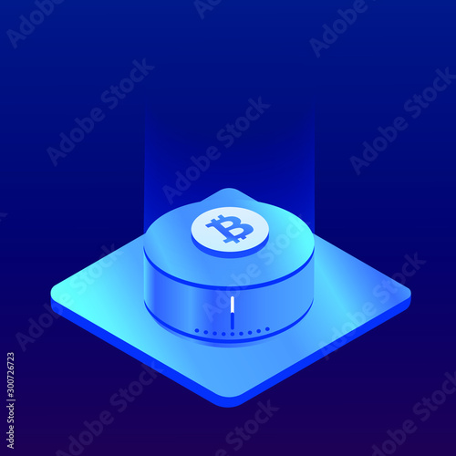 Blockchain and Cryptocurrency mining farm. Digital money isometric vector concept in modern neon colors design. Bitcoin, Litecoin, Ethereum crypto currency mining icon for website