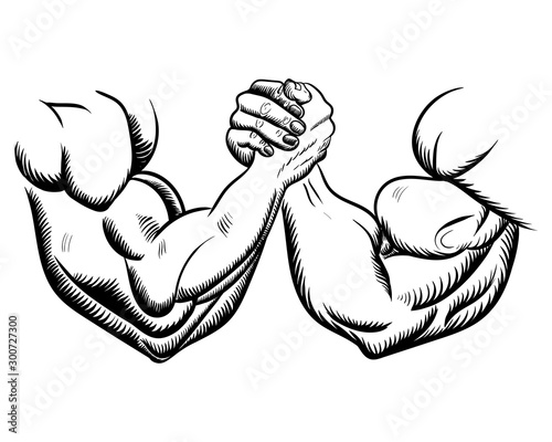 Arm wrestling fight combat. Victory sketch, figure image. vector illustration black on white