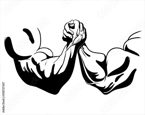 Arm wrestling fight combat. Victory sketch, figure image. vector illustration black on white