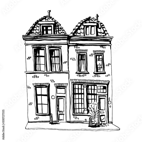 Hand drawn vintage houses. European old homes in cartoon style. Outline vector sketch illustration isolated on white background.