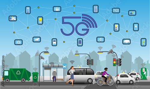 5G Technology. Everything connected using IoT enabling optimization of resources. Renewable electrified city transports. Driverless vehicles and drones for light deliveries. Vector Illustration.