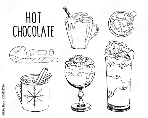 Set of hand drawn vector illustrations isolated on white. Hot chocolate with Christmas candy cane and marshmallow. Modern calligraphy. Clip art for winter holiday decorations. Black and white