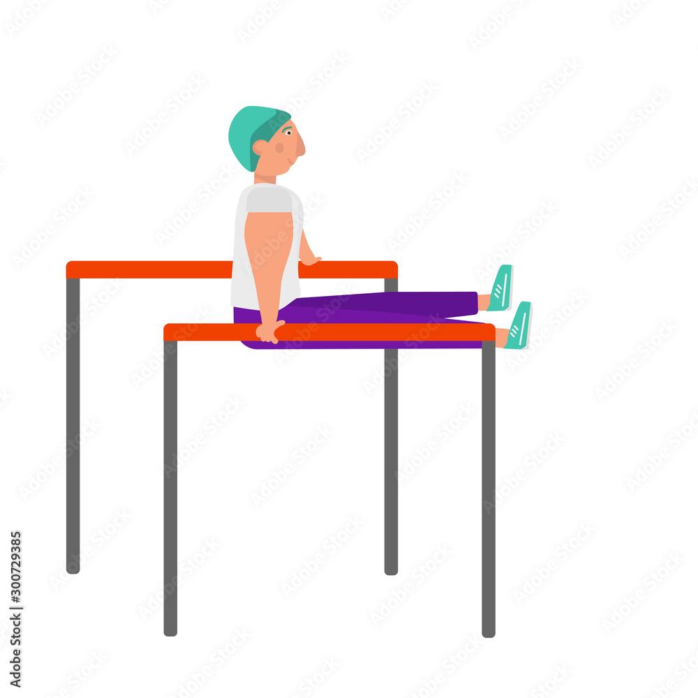 Strong young fit man in modern sport outfit is doing bench dips on horizontal bar.
