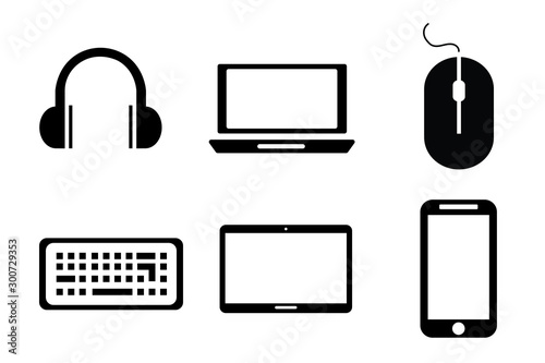 office vector icon set with headphones laptop mouse keyboard tablet and phone isolated on white background