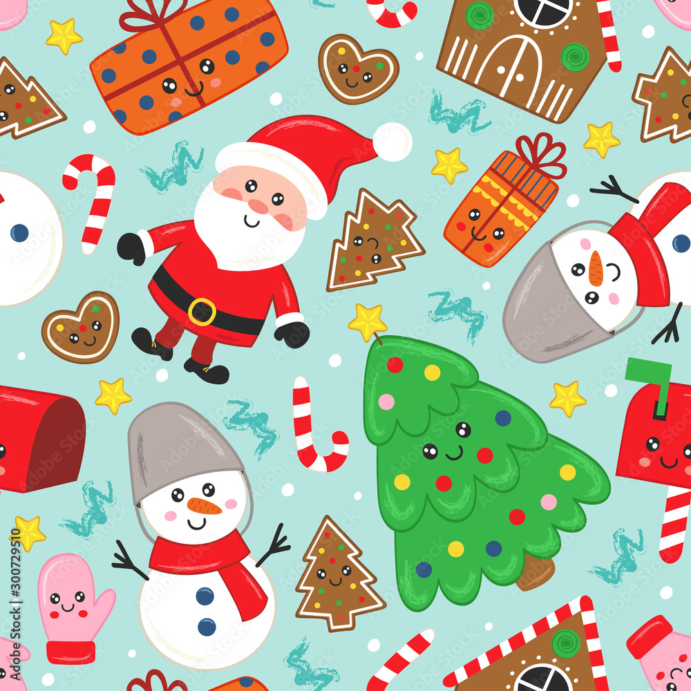 seamless pattern with cute Christmas characters and other elements   - vector illustration, eps    