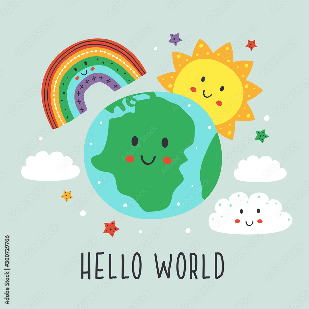 poster with cute Earth,cloud, rainbow and sun - vector illustration, eps poster with cute Earth,cloud, rainbow and sun - vector illustration, eps
