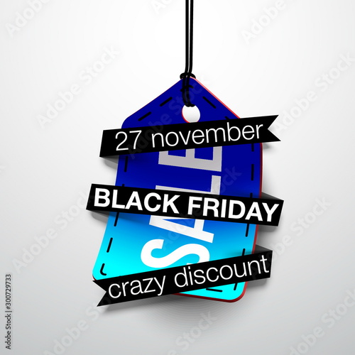 Sticker for mega-sale "Black Friday". Black Friday discount poster. Annual Christmas sales season. Big discounts in retail and online stores (up to 50%). Friday, November 29, 2019