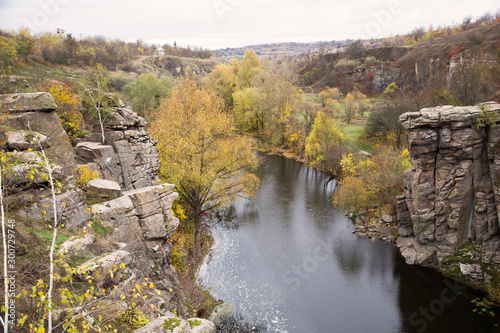 Panoramic view of the canyon. Cliff and river. Autumn. Buksky canyon, Ukraine. photo