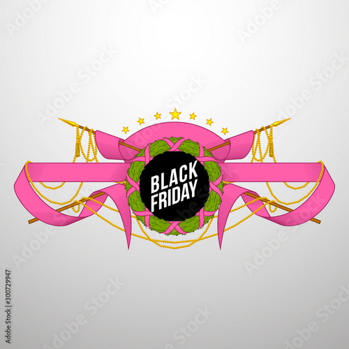 Sticker for mega-sale "Black Friday". Black Friday discount poster. Annual Christmas sales season. Big discounts in retail and online stores (up to 50%). Friday, November 29, 2019