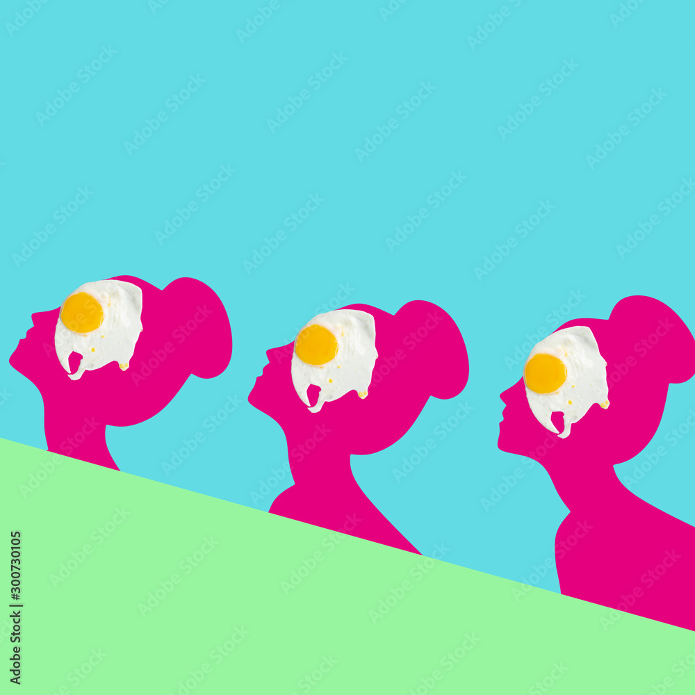 Fototapeta premium Collage silhouette woman, with egg eye, minimal 80s mood