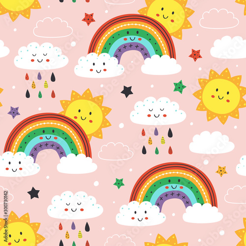 seamless pattern with cute rainbow,rain cloud and sun - vector illustration, eps    